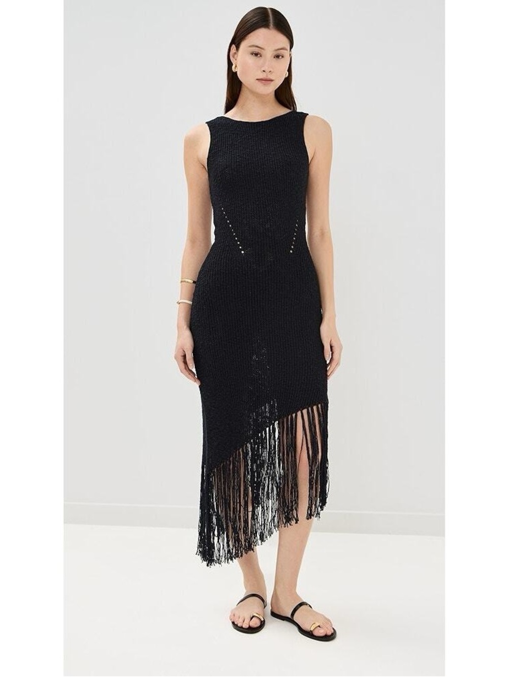 Rails Rylee Black Knitted Asymmetrical Sleeveless Fringe MIDI Dress - Picture 2 of 14